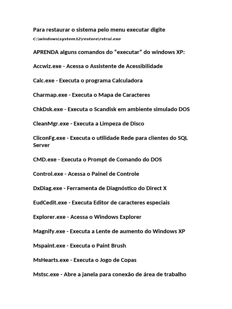 Comandos do Executar no Windows XP | PDF