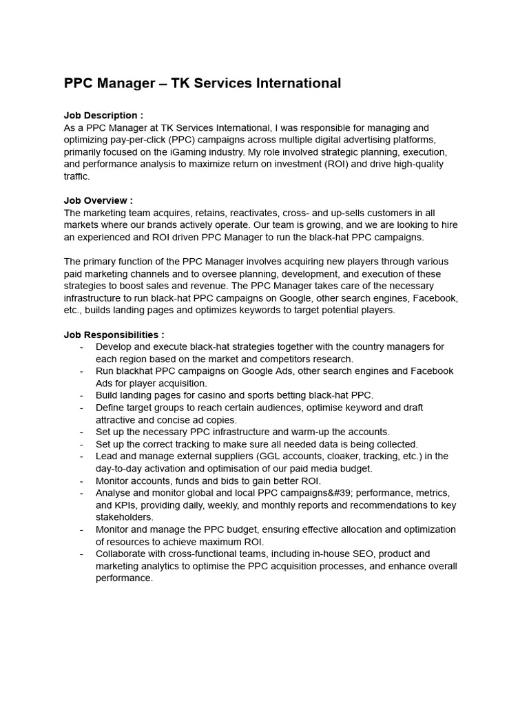 PPC Manager Role in iGaming Marketing | PDF | Search Engine ...
