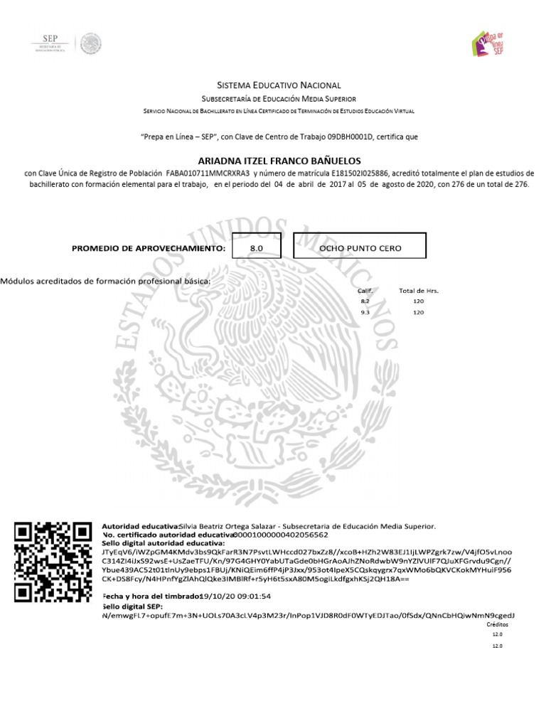 Certificado de Bachillerato en Línea SEP | PDF