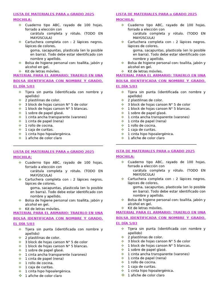 Materiales Escolar Grado 2025 | PDF | Papel | Implementos de escritura