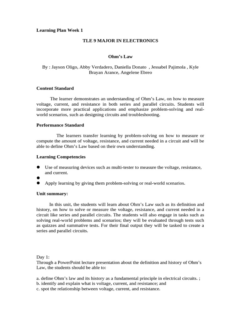 Ohm's Law Learning Plan for Week 1 | PDF | Educational Assessment | Voltage