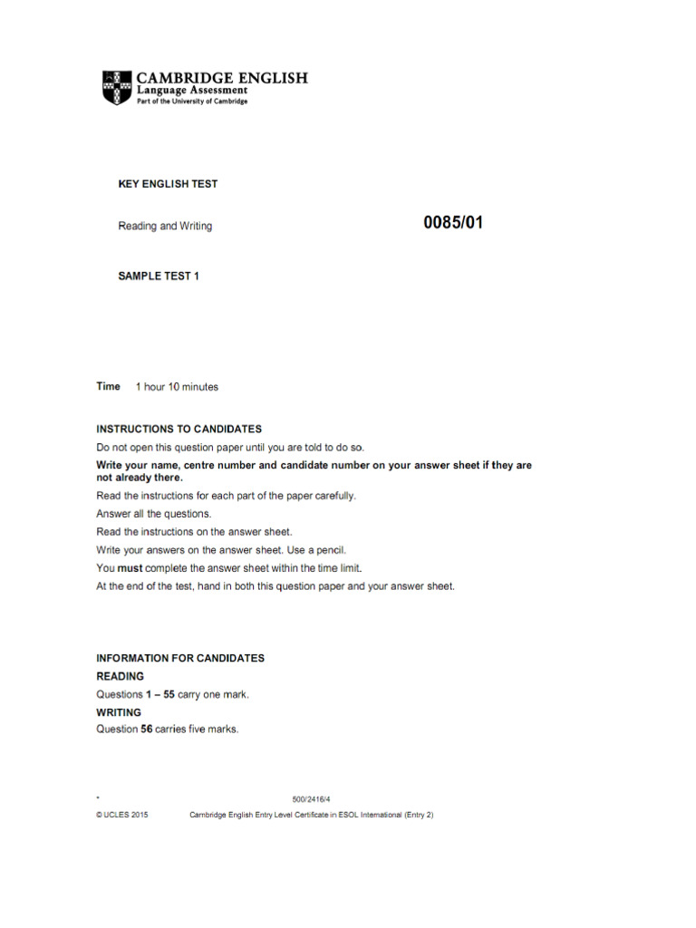 Cambridge English Key Sample Pape | PDF
