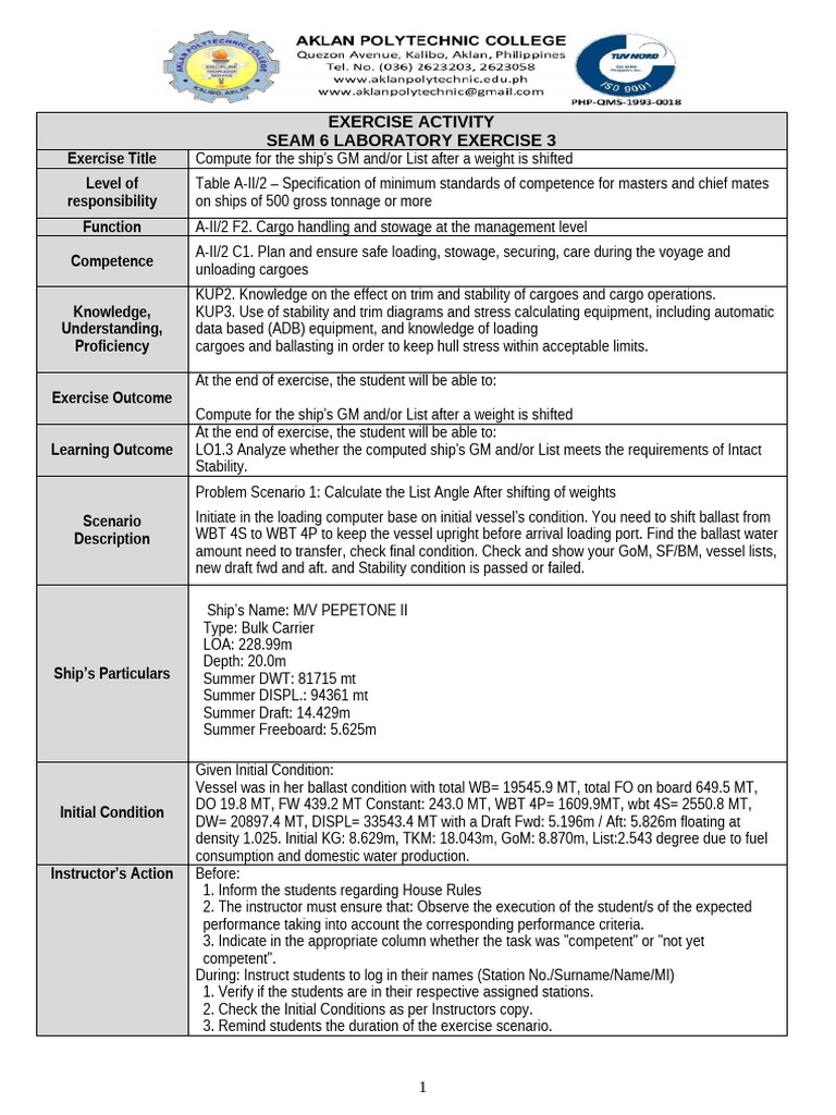 Ship GM and List Calculation Exercise | PDF | Ships | Shipping
