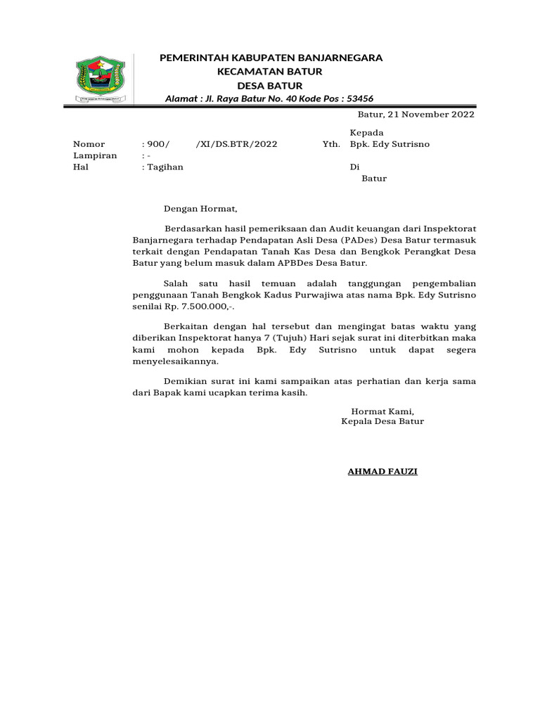 Tagihan Sewa Kios Desa Batur 2025 | PDF