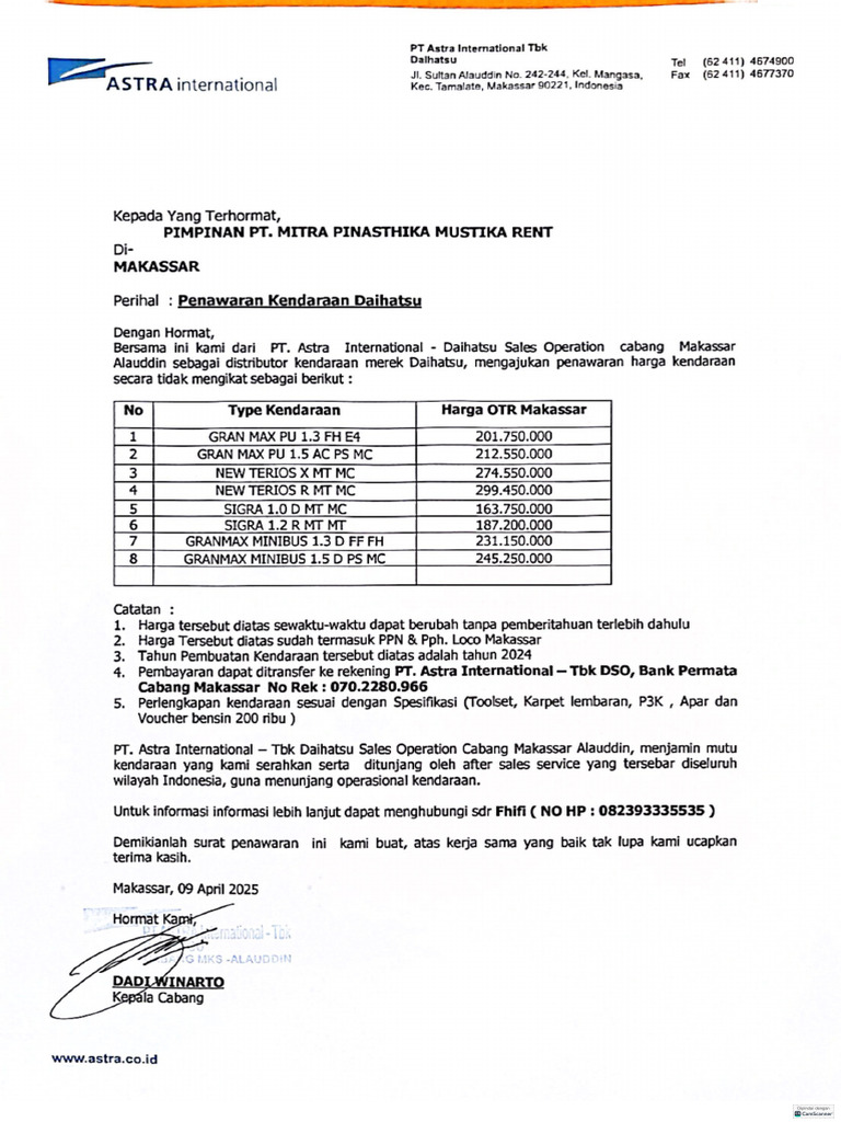 Surat Penawaran PT. MPM Rent | PDF