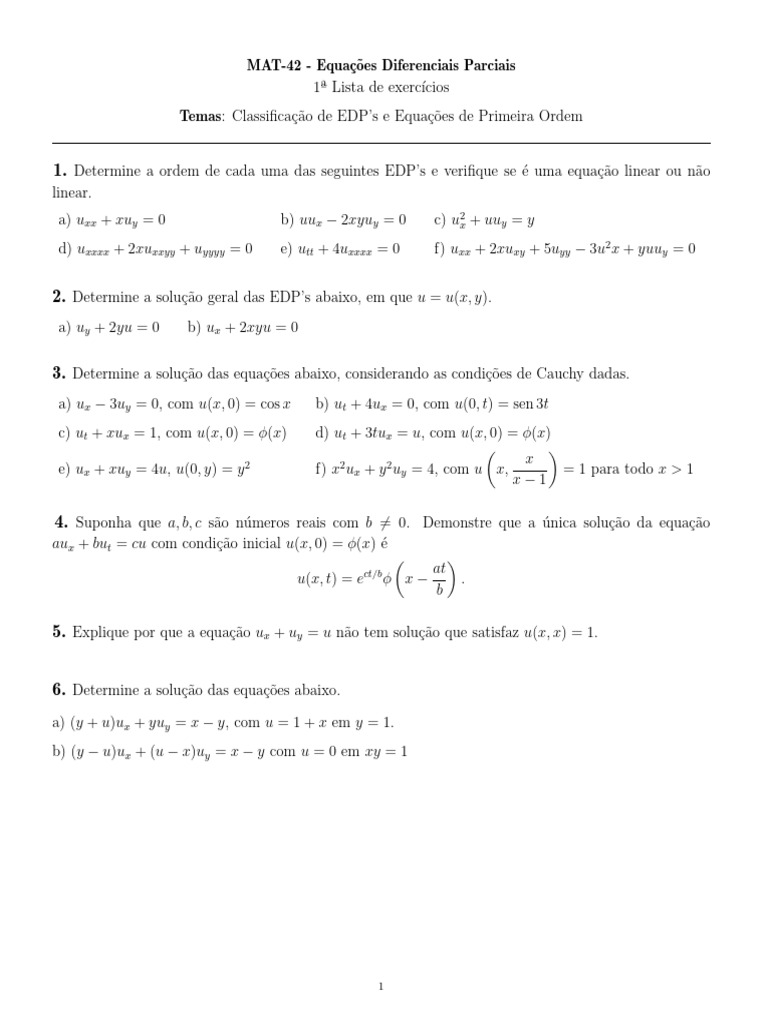 EDPs: Exercícios e Soluções Gerais | PDF | Equação diferencial parcial ...