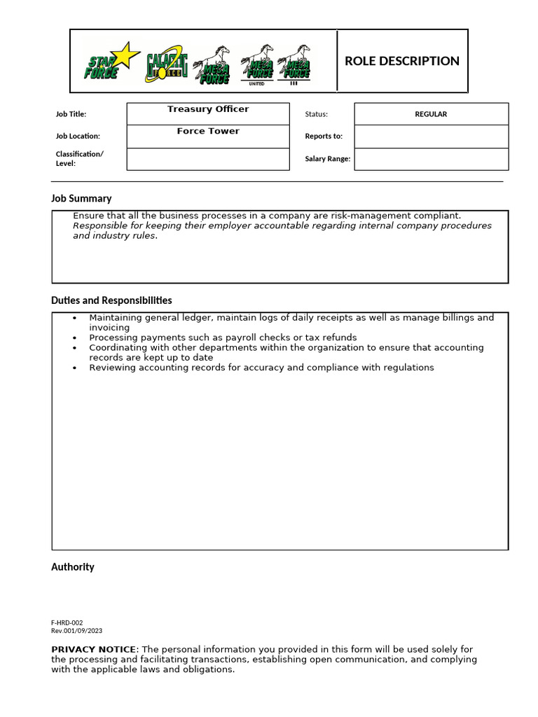 F-HRD-002 Role Description (Tresury Officer) | PDF | Receipt | Business