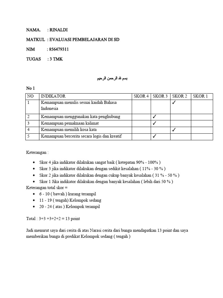 Tugas TMK 3 Evaluasi Pembelajaran Di SD | PDF