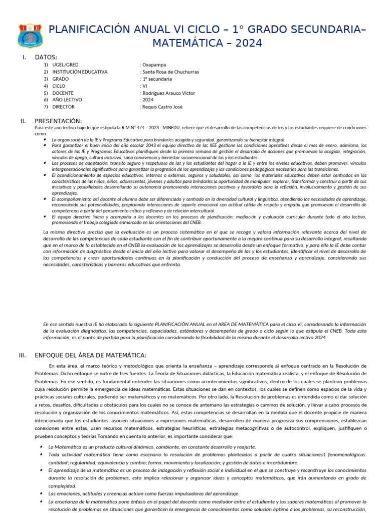 Planificación Matemática 1° Grado 2024 | PDF | Evaluación | Decimal