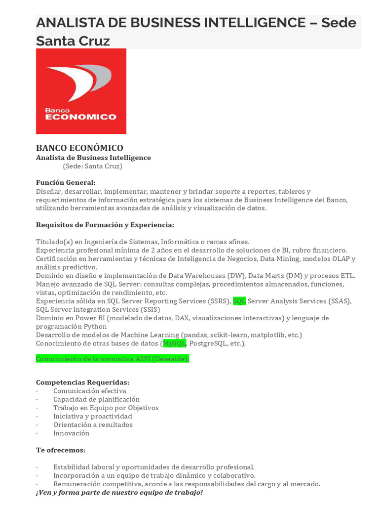 Analista de Business Intelligence en Santa Cruz | PDF | Inteligencia de ...