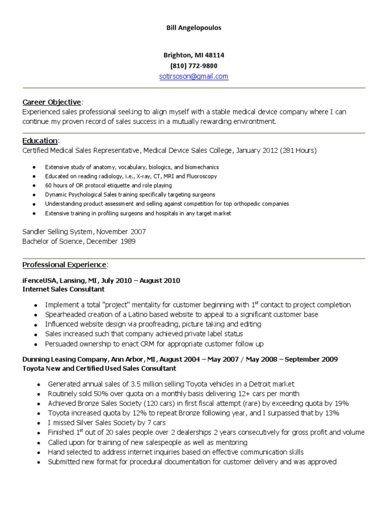 Spine Medical Device Sales Representative in Detroit MI Resume Bill Angelopoulos PDF