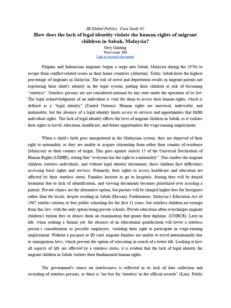 Migrant Children's Rights in Sabah, Malaysia | PDF | Malaysia | Immigration