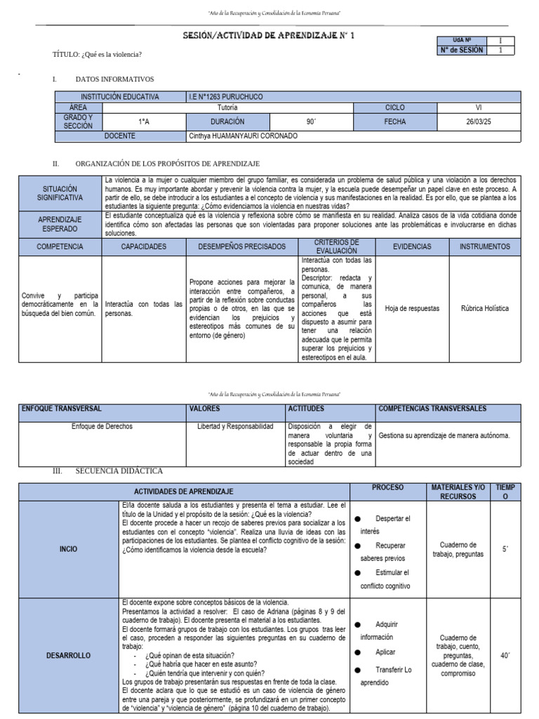 Unidad 1 - Sesión 1 | PDF | Aprendizaje | Violencia