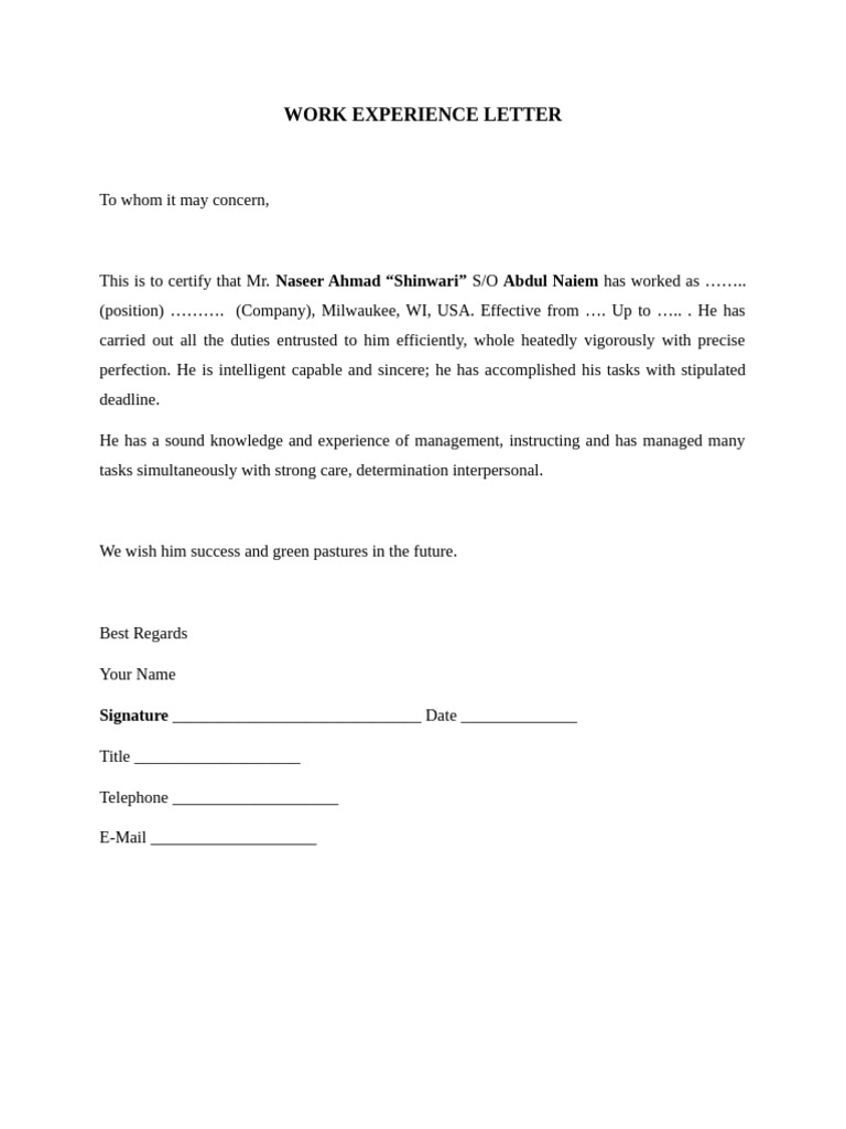 Experience Letter for Naseer Ahmad Shinwari | PDF