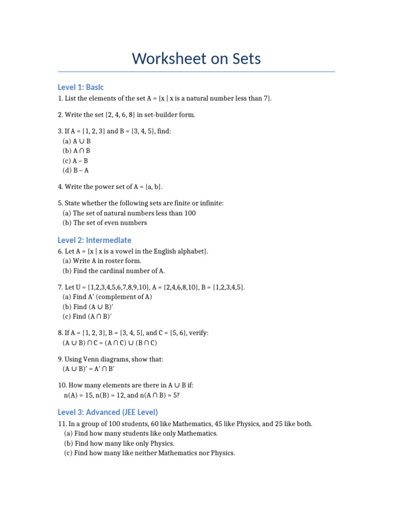 Sets Practice Worksheet | PDF
