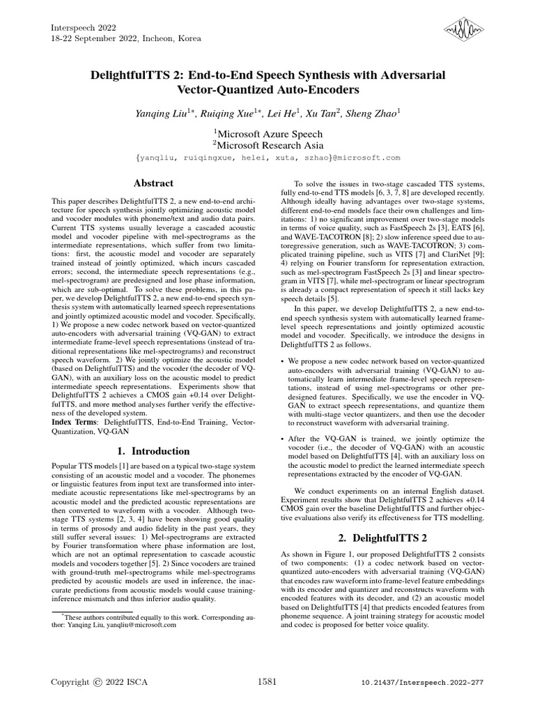 DelightfulTTS 2: Advanced Speech Synthesis | PDF | Speech Synthesis ...