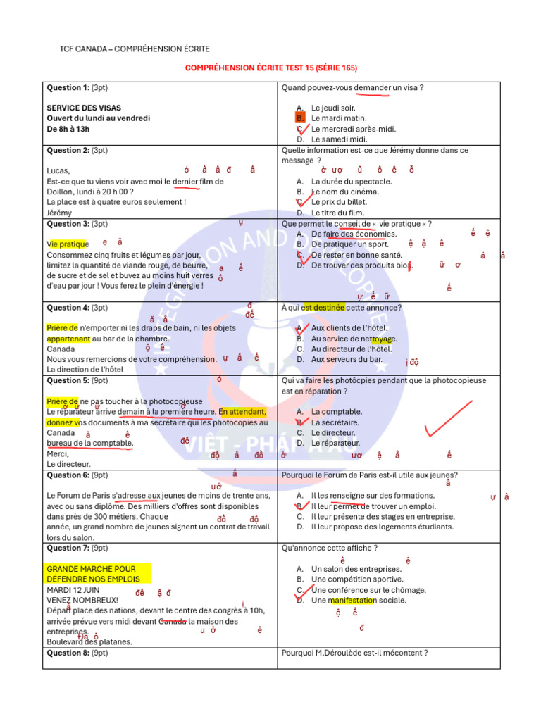 TCF Canada : Compréhension écrite test 15 | PDF