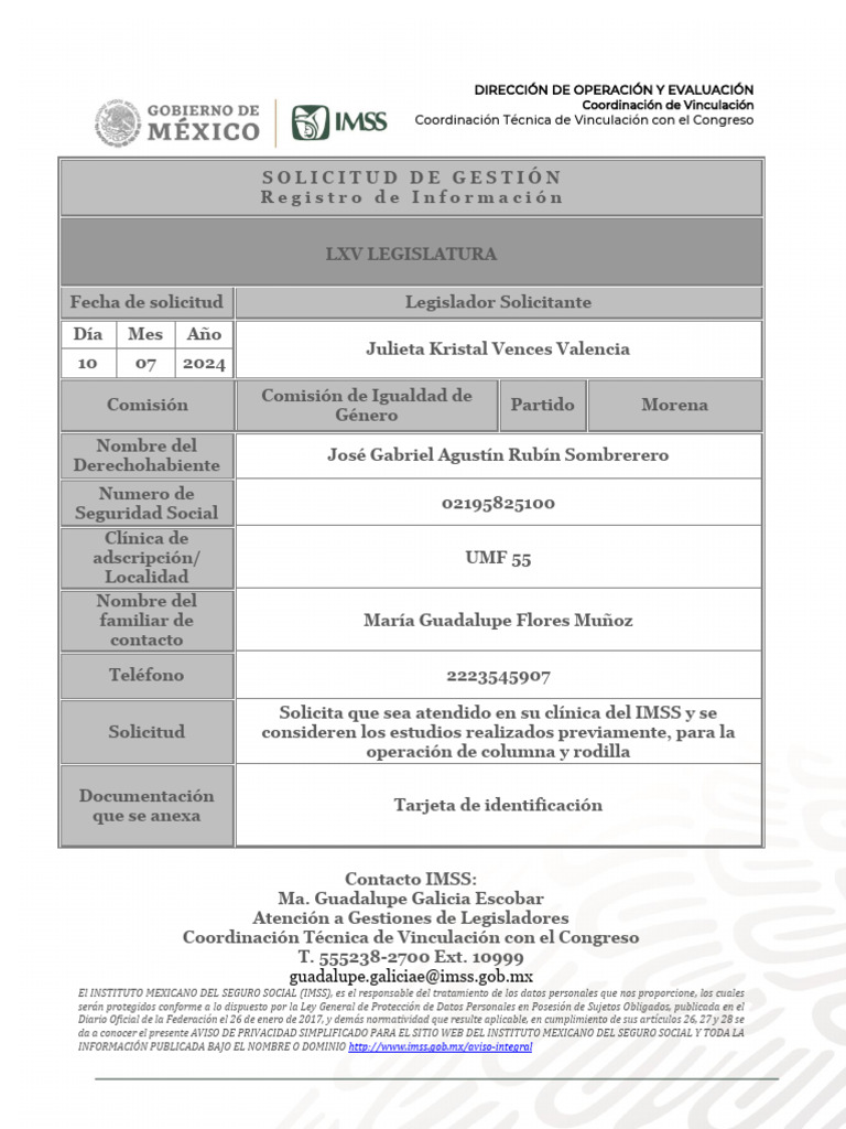 Solicitud de Gestión IMSS para Legisladores | PDF