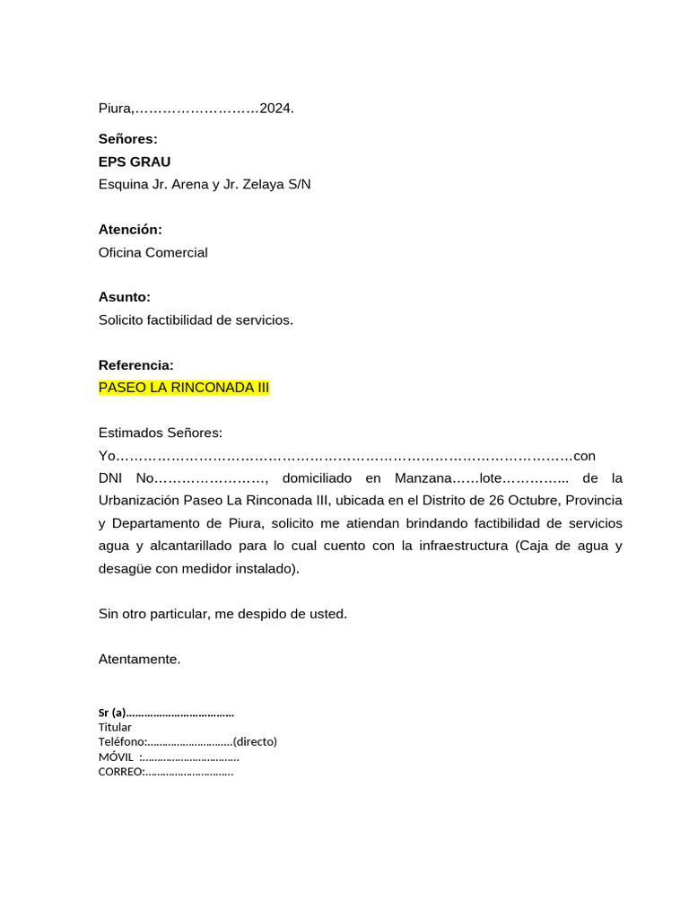 Solicitud de Factibilidad de Servicios EPS GRAU | PDF