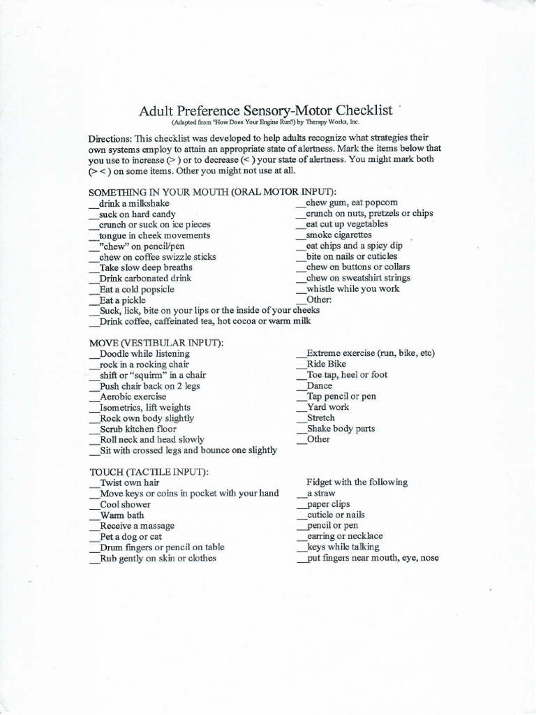 Adult Preferences Sensory-Motor Checklist | PDF