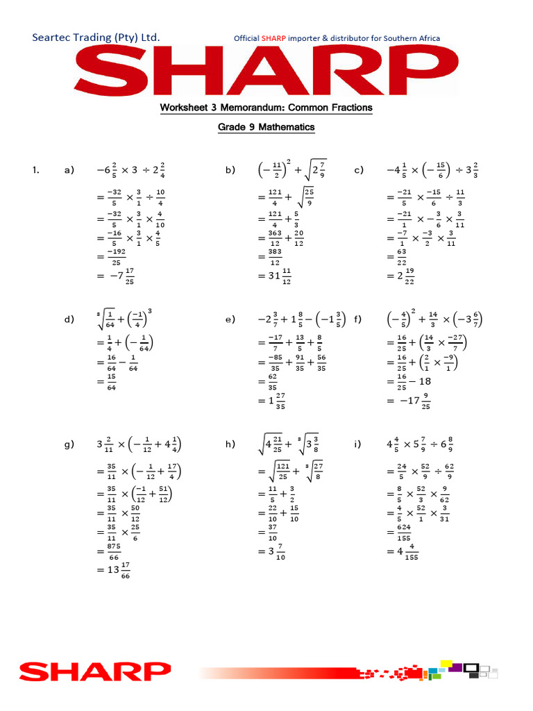 Grade 9 Maths: Common Fractions Worksheet | PDF | Lexicology | Arithmetic