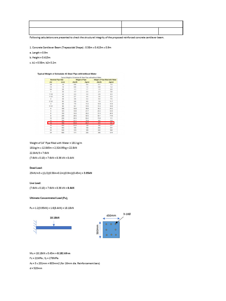 Cantilever Beam Design Calculations | PDF