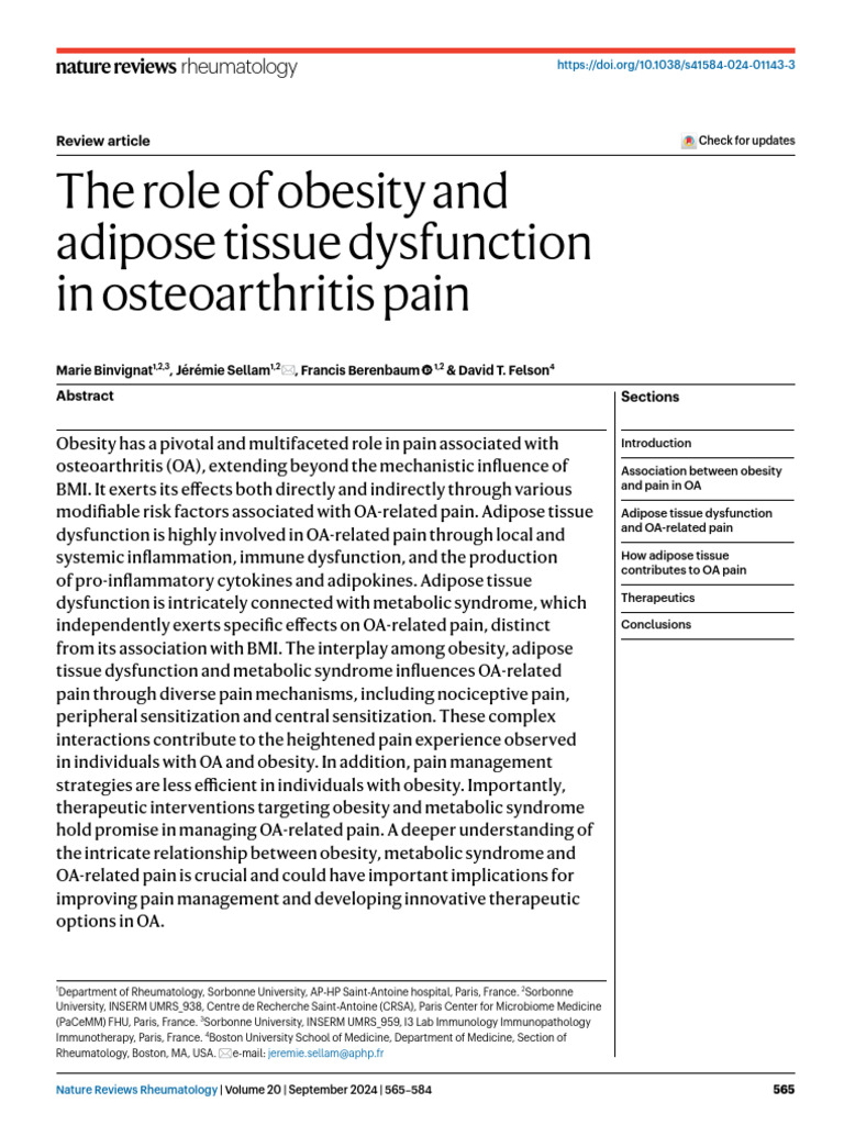 The role of obesity and adipose tissue dysfunction in osteoarthritis ...