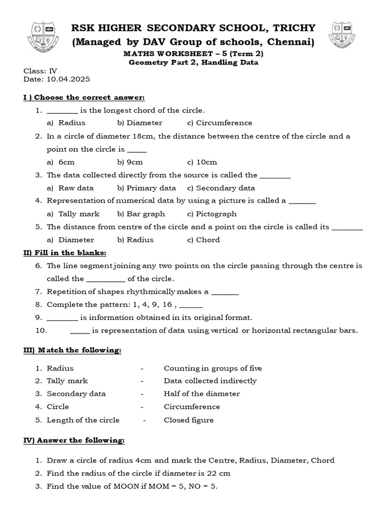 Class IV Maths Worksheet: Geometry & Data | PDF