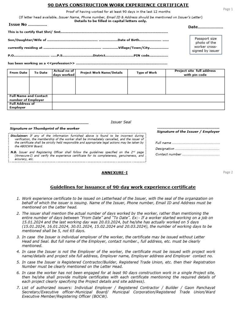 90-Day Construction Work Certificate | PDF | Authentication | Access ...