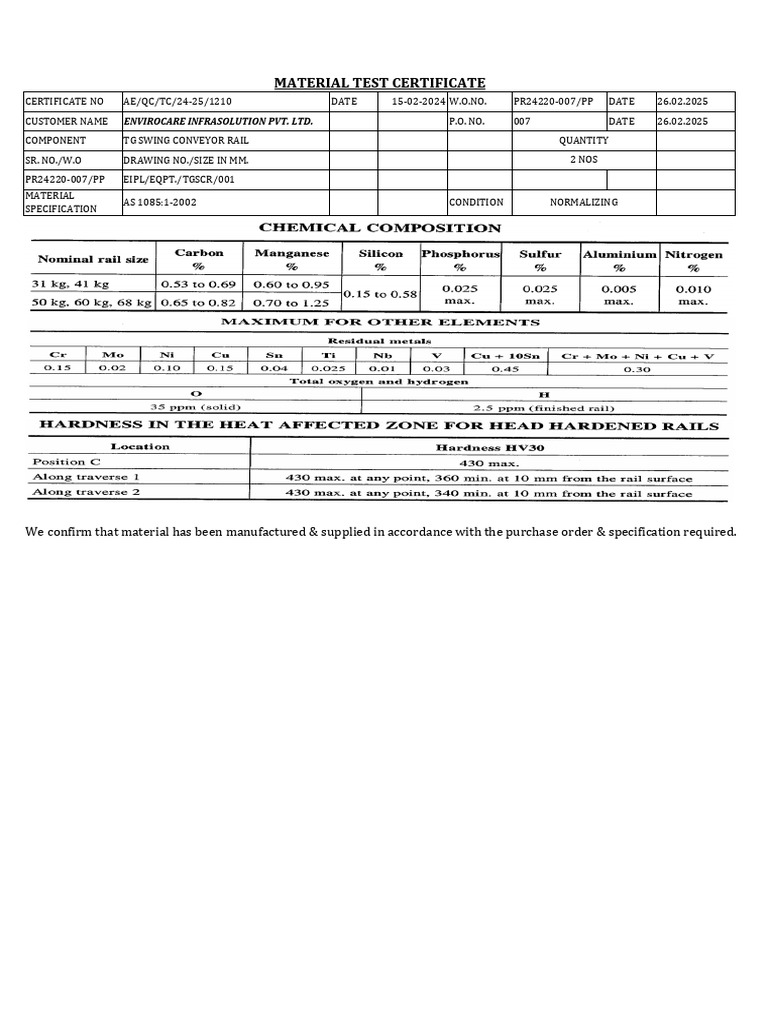 Material Test Certificate: Envirocare Infrasolution Pvt. LTD | PDF