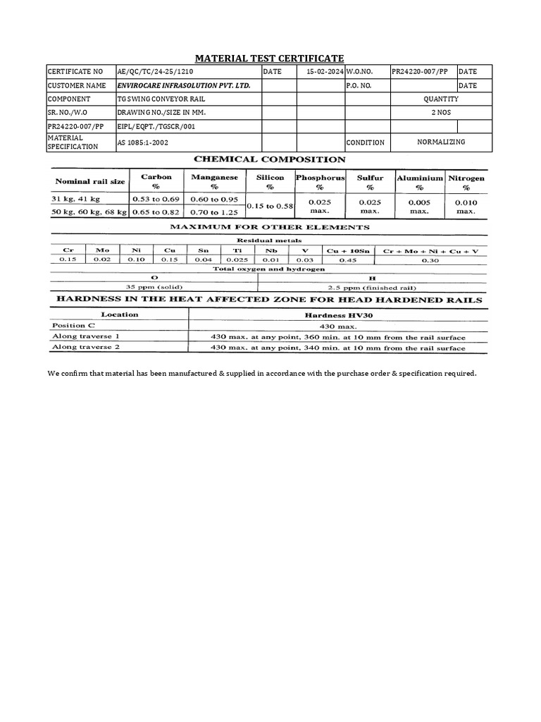Material Certificate for Envirocare | PDF