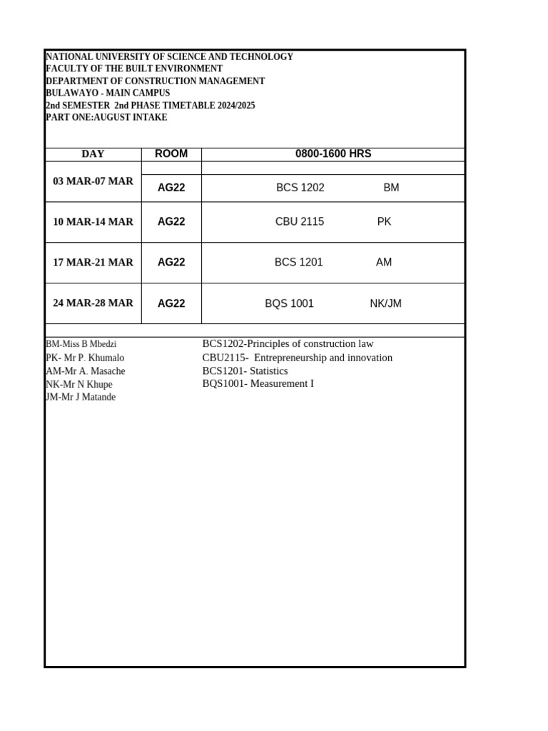 NUST Construction Management Timetable 2024/2025 | PDF | Universities ...
