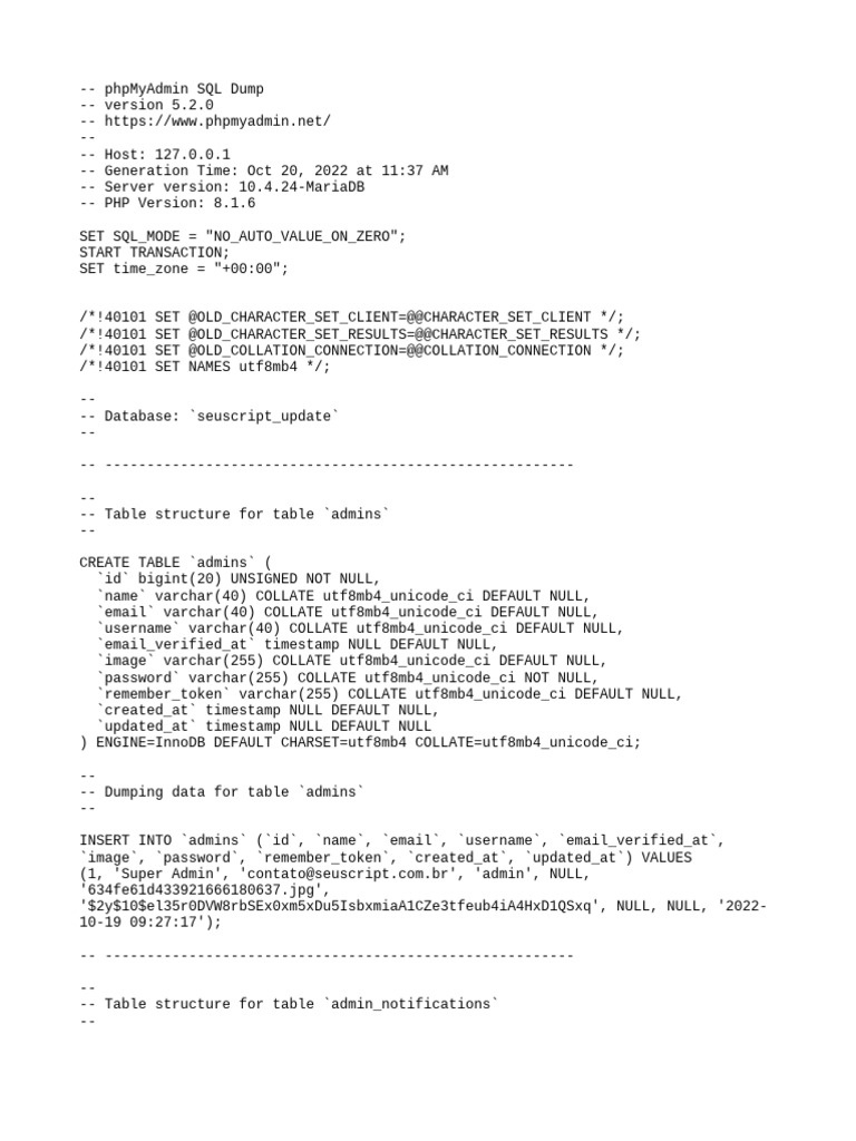 phpMyAdmin SQL Dump for seuscript_update | PDF | Computer Data | Data ...