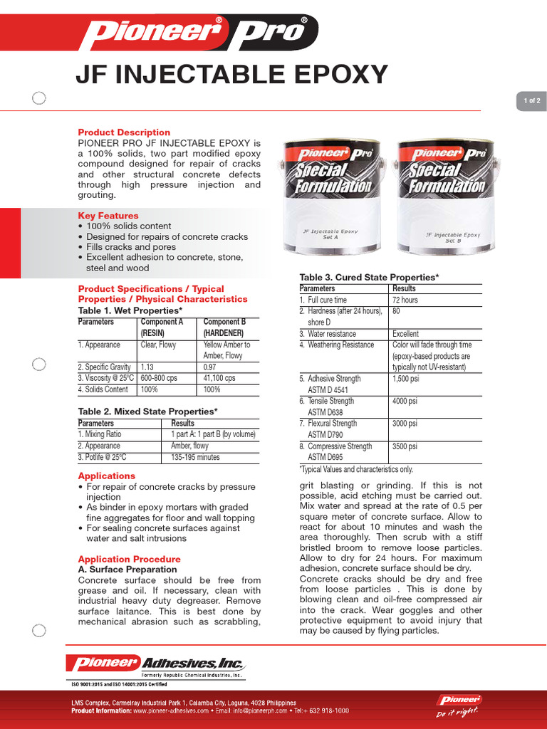 Pioneer Pro Injectable Epoxy Guide | PDF | Concrete | Epoxy