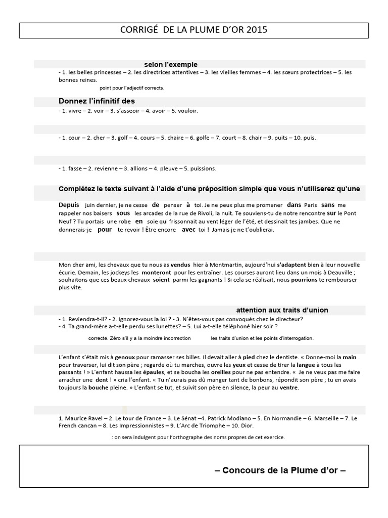 Corrigé du Concours Plume d'Or 2015 | PDF | Linguistique