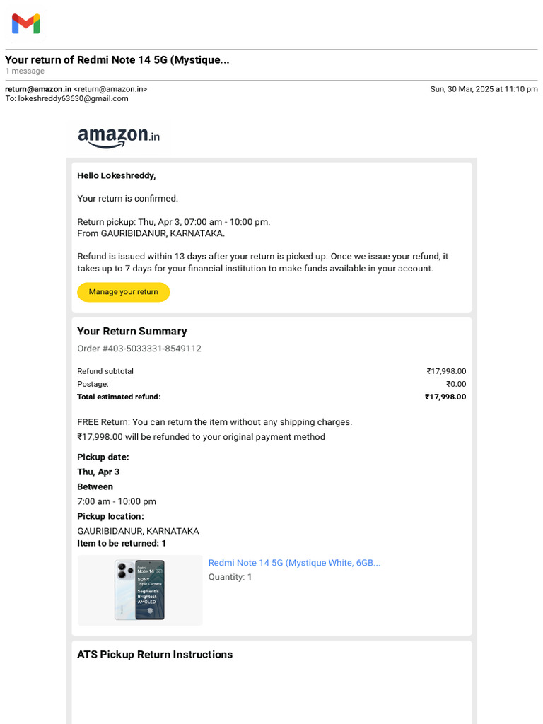 Gmail - Your Return of Redmi Note 14 5G (Mystique... | PDF | Service ...