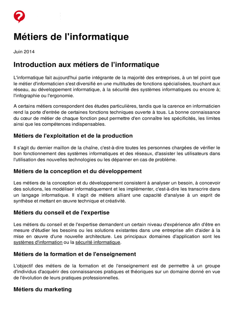 Métiers de l'informatique et leurs domaines | PDF | Informatique ...