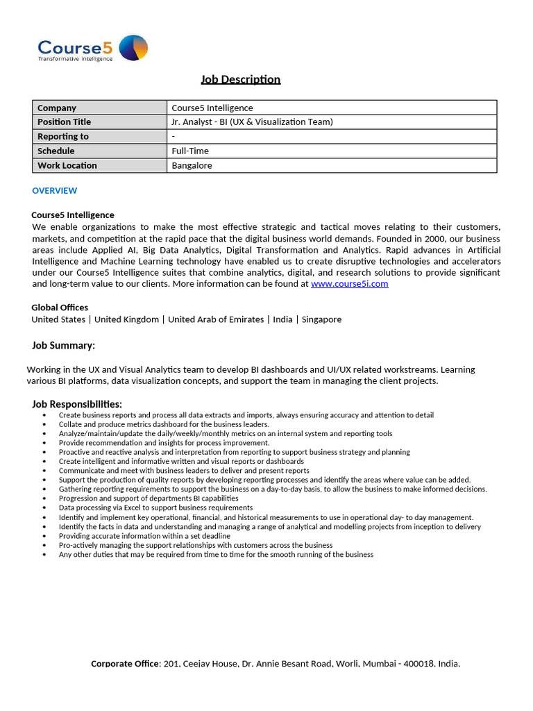 Jr. Analyst - BI Job at Course5 Intelligence | PDF | Business ...