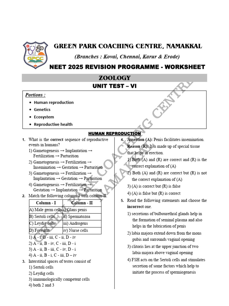 NEET 2025: Human Reproduction Worksheet | PDF | Menstrual Cycle | Ovary