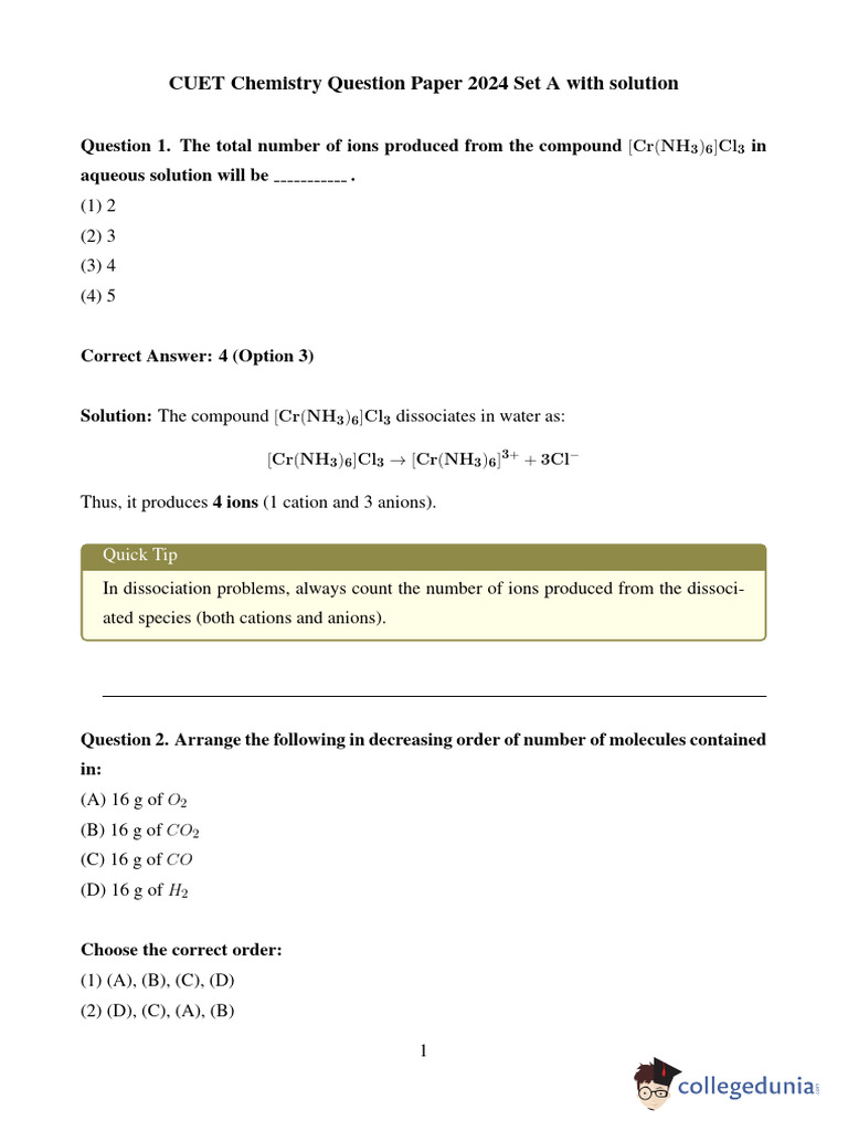 CUET Chemistry Question Paper With Solutions 2024 Set A | PDF | Osmosis ...