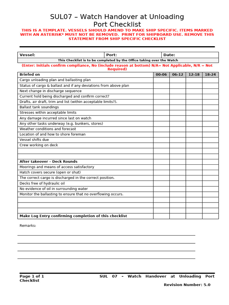 Unloading Port Watch Handover Checklist | PDF