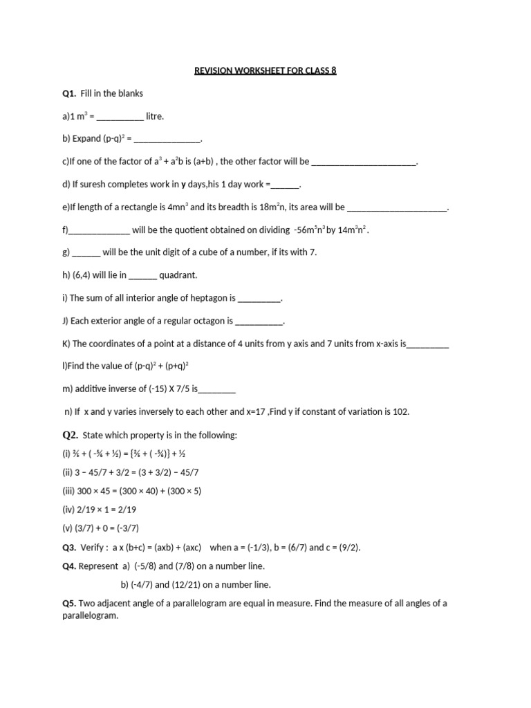 Class 8 Revision Worksheet: Math Concepts | PDF | Area | Length