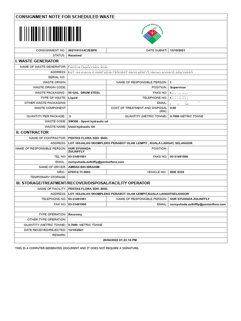 ESWIS V1 Consignment Note for Waste | PDF | Waste | Natural Environment