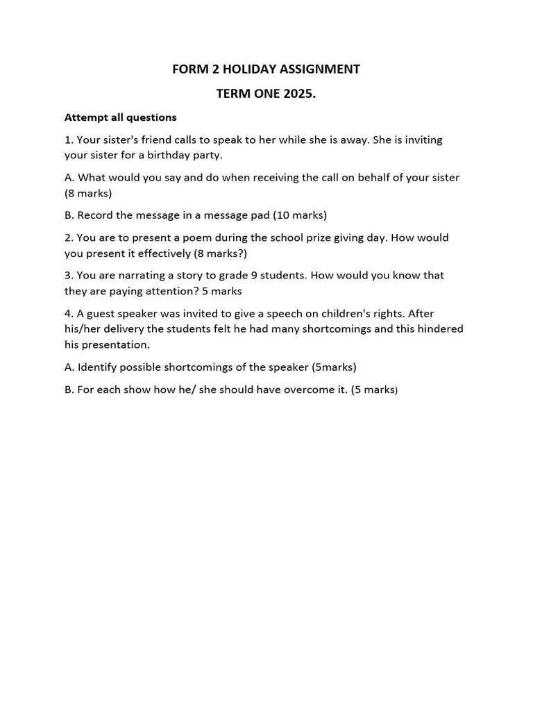 Form 2 Holiday Assignment 2025 | PDF