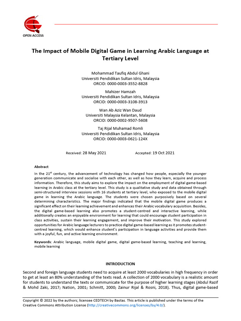 The Impact of Mobile Digital Game in Learning Arabic Language at | PDF ...