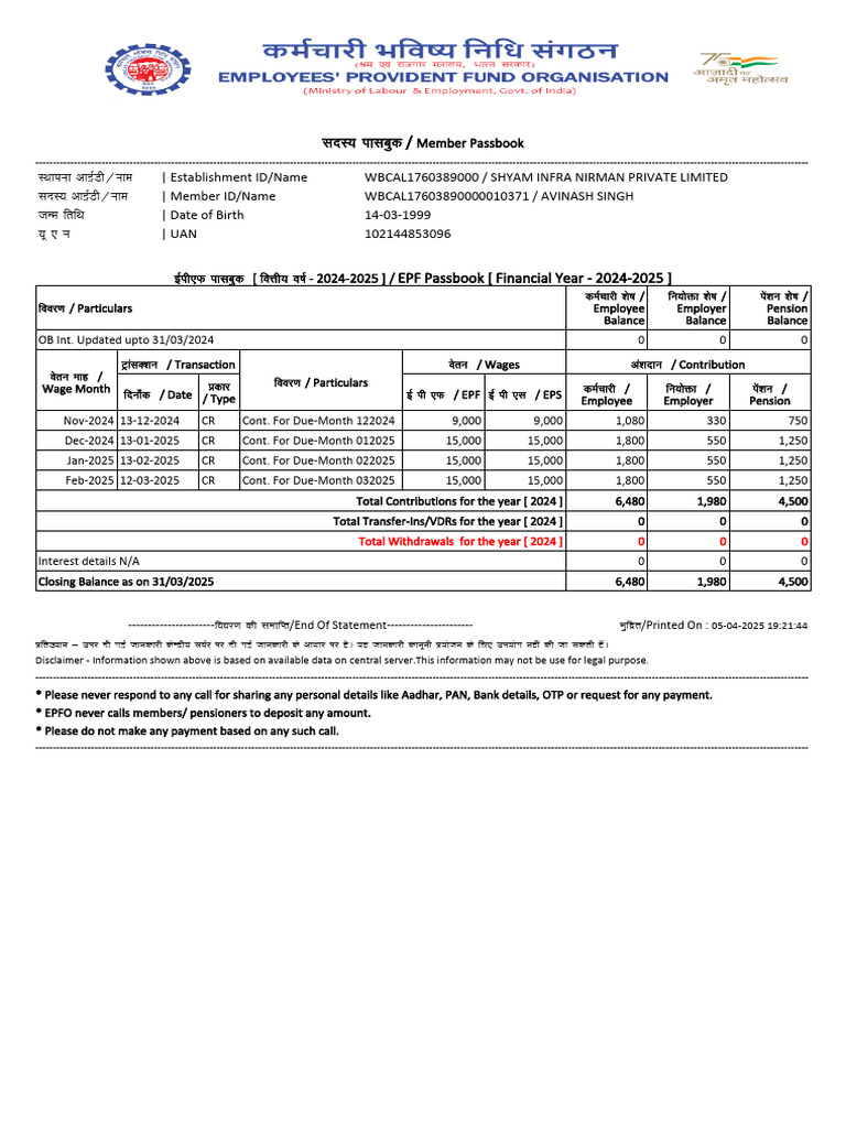 EPF Passbook Summary as of 31/03/2024 | PDF | Public Finance ...