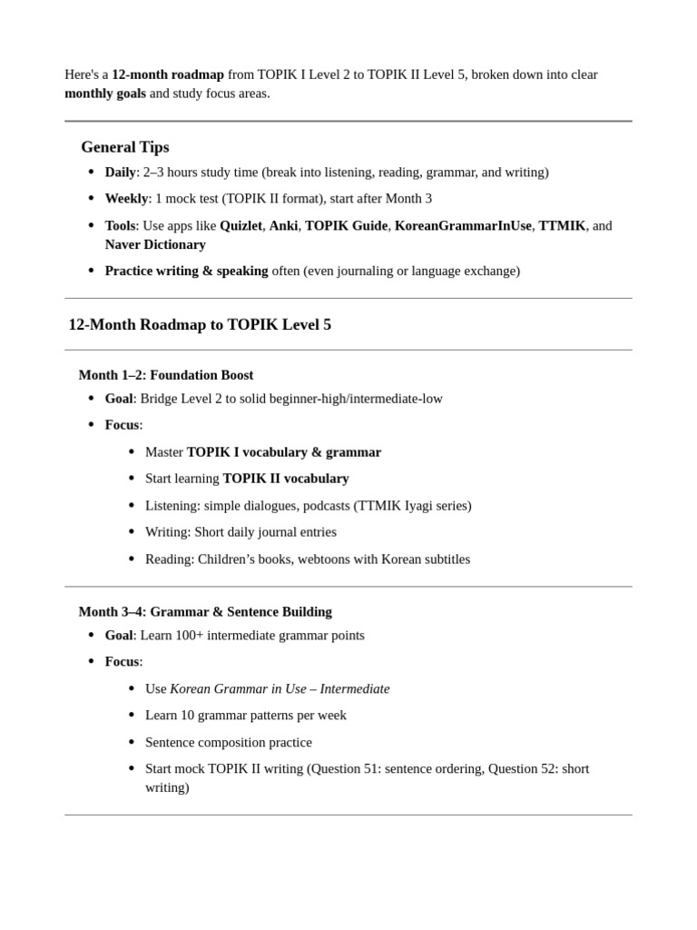 12-Month TOPIK Level 5 Study Plan | PDF | Vocabulary | Korean Language