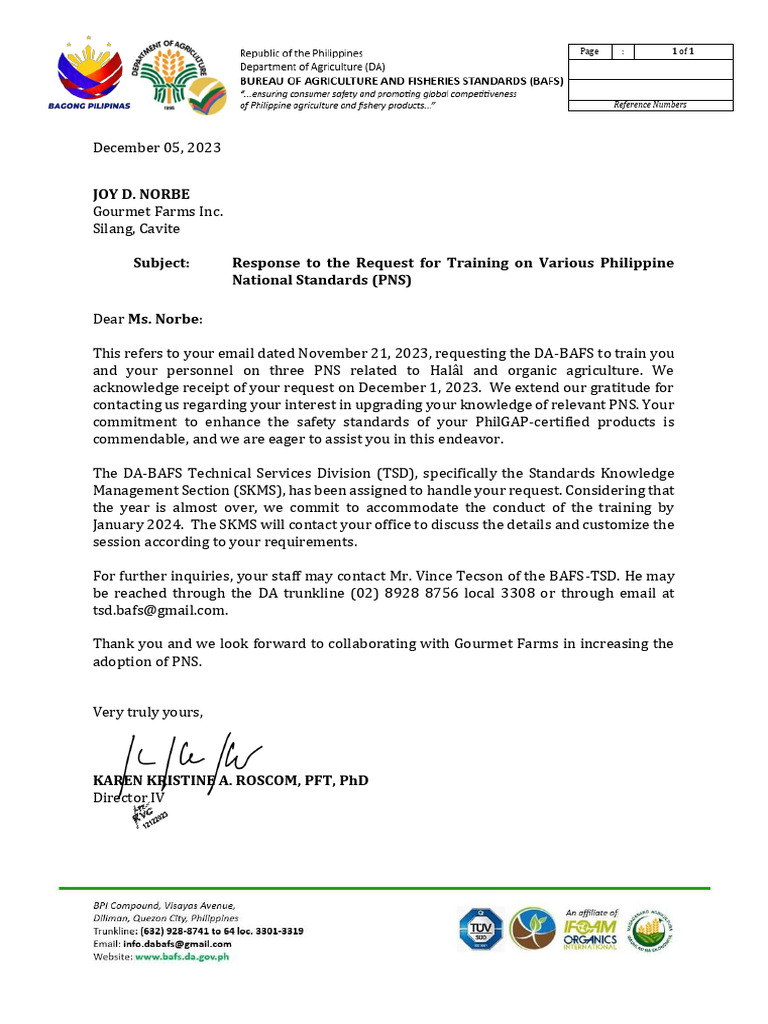 Rev1 - Letter Reply - Gourmet Farm - Silang Cavite | PDF