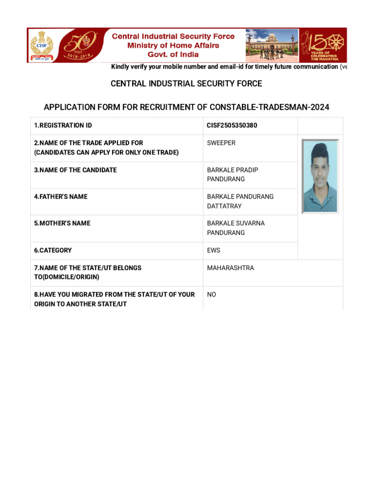 CISF Constable Tradesman Application 2024 | PDF