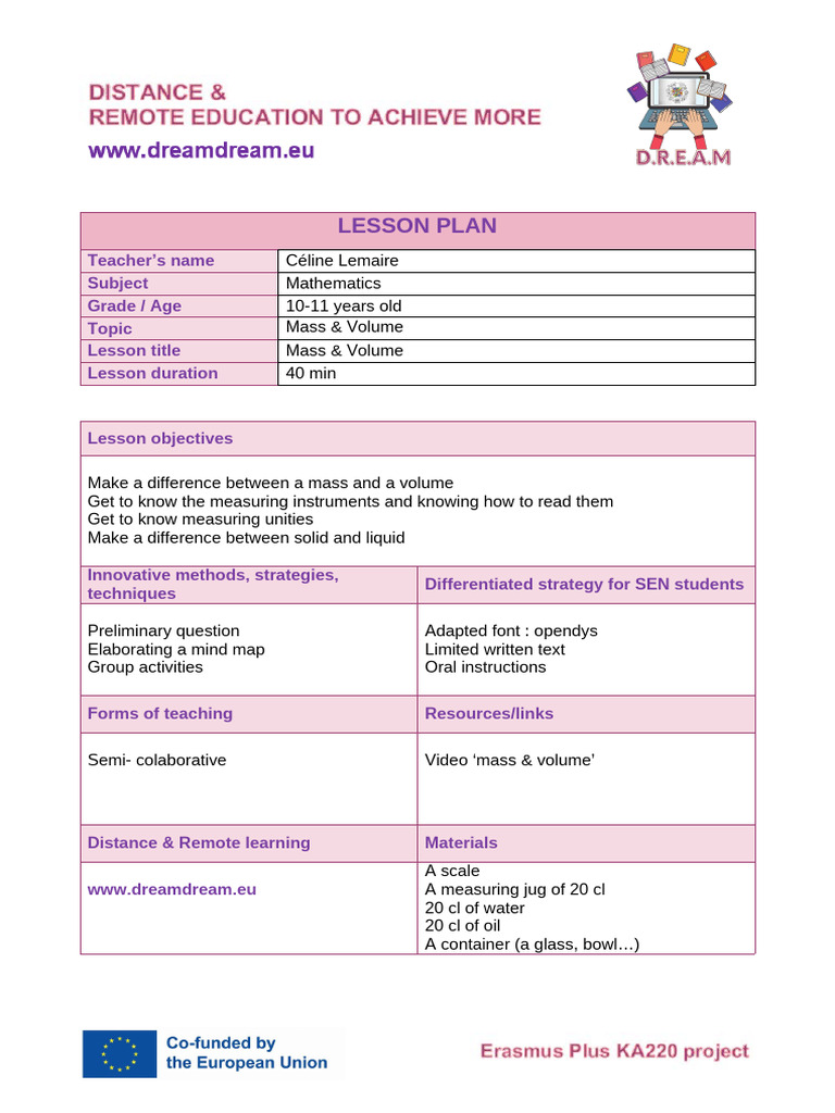 Lesson Plan D.R.E.A.M-Mass & Volume 10-11 | PDF | Volume | Lesson Plan